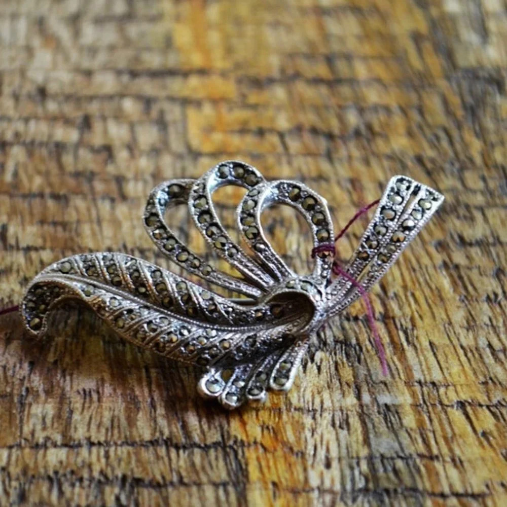 Vintage Marcasite Brooch in Leaf Flourish Design 1950s